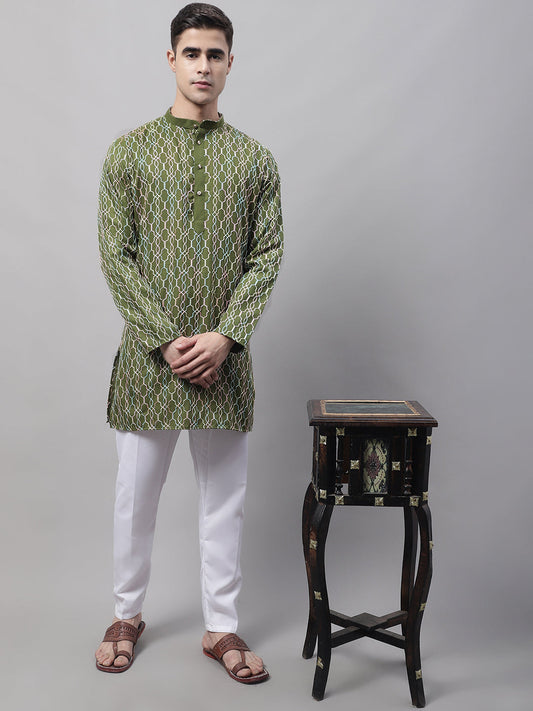 Jompers Men's Olive Green and Multi Coloured Embroidered Straight Kurta Pyjama Set