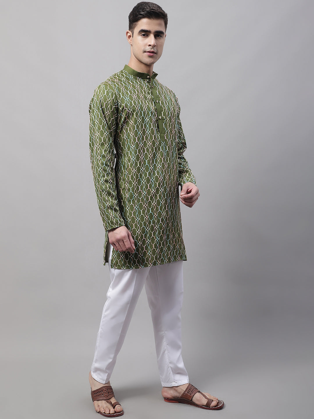 Jompers Men's Olive Green and Multi Coloured Embroidered Straight Kurta Pyjama Set