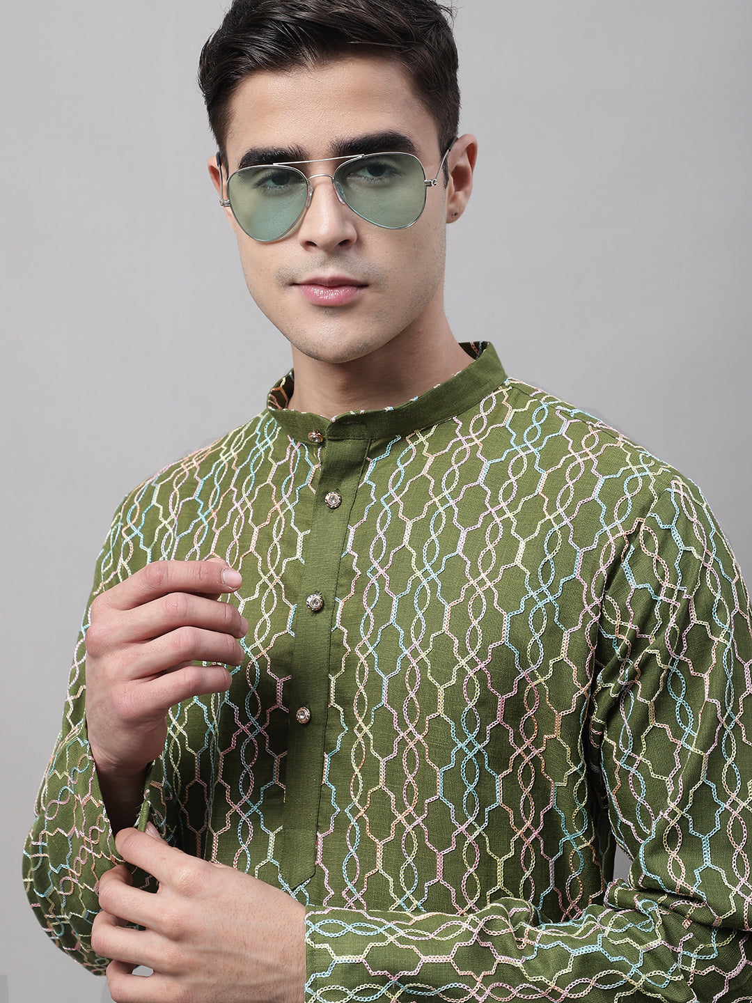 Jompers Men's Olive Green and Multi Coloured Embroidered Straight Kurta Pyjama Set