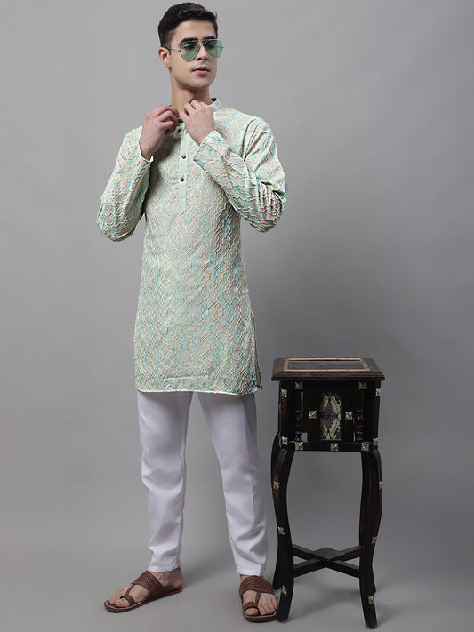 Jompers Men's Pista Green and Multi Coloured Embroidered Straight Kurta Pyjama Set