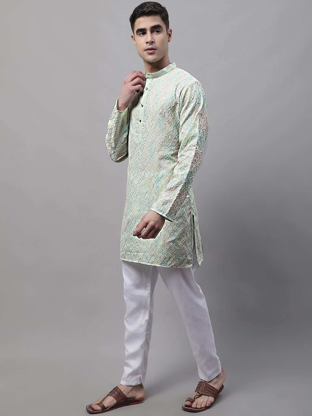 Jompers Men's Pista Green and Multi Coloured Embroidered Straight Kurta Pyjama Set