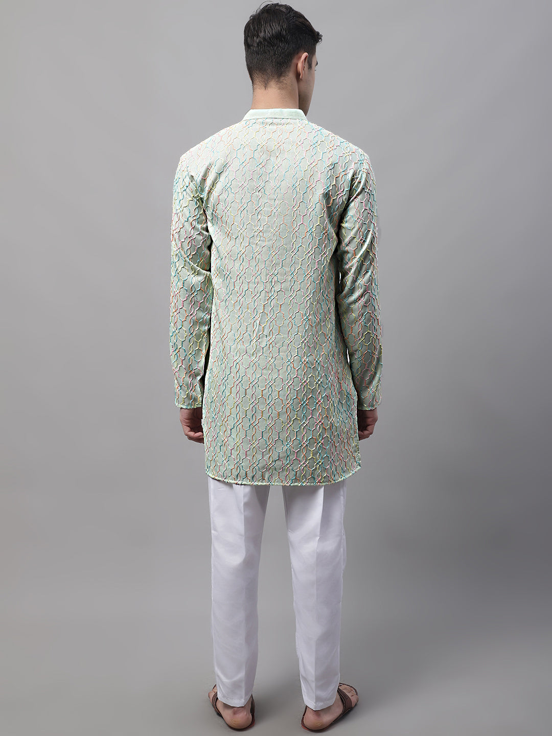 Jompers Men's Pista Green and Multi Coloured Embroidered Straight Kurta Pyjama Set