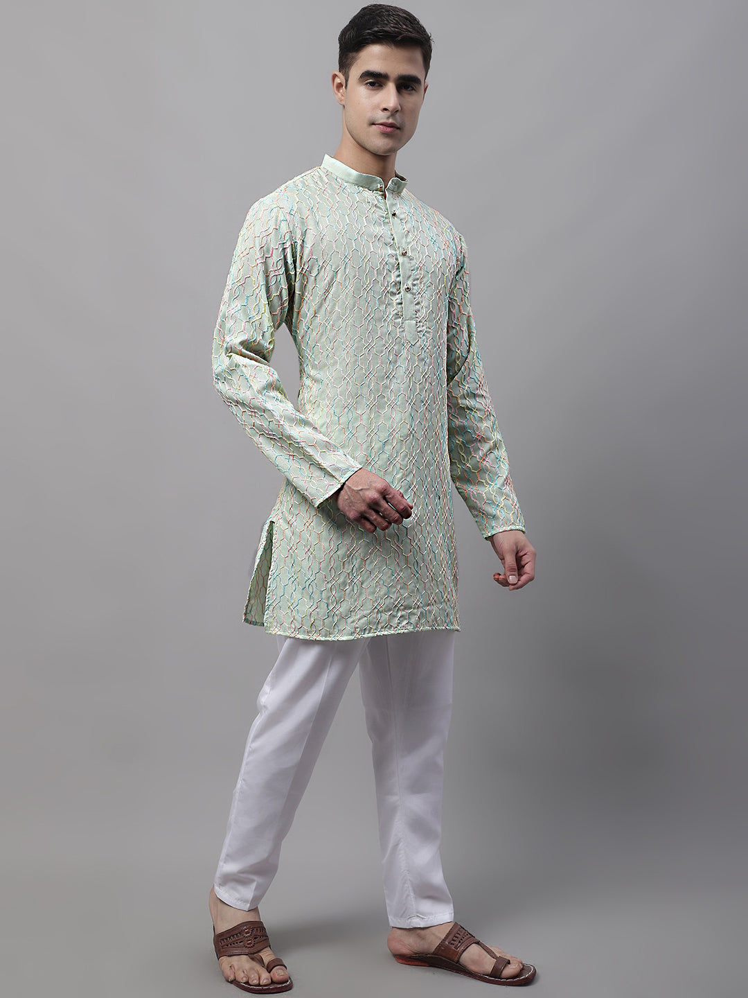 Jompers Men's Pista Green and Multi Coloured Embroidered Straight Kurta Pyjama Set
