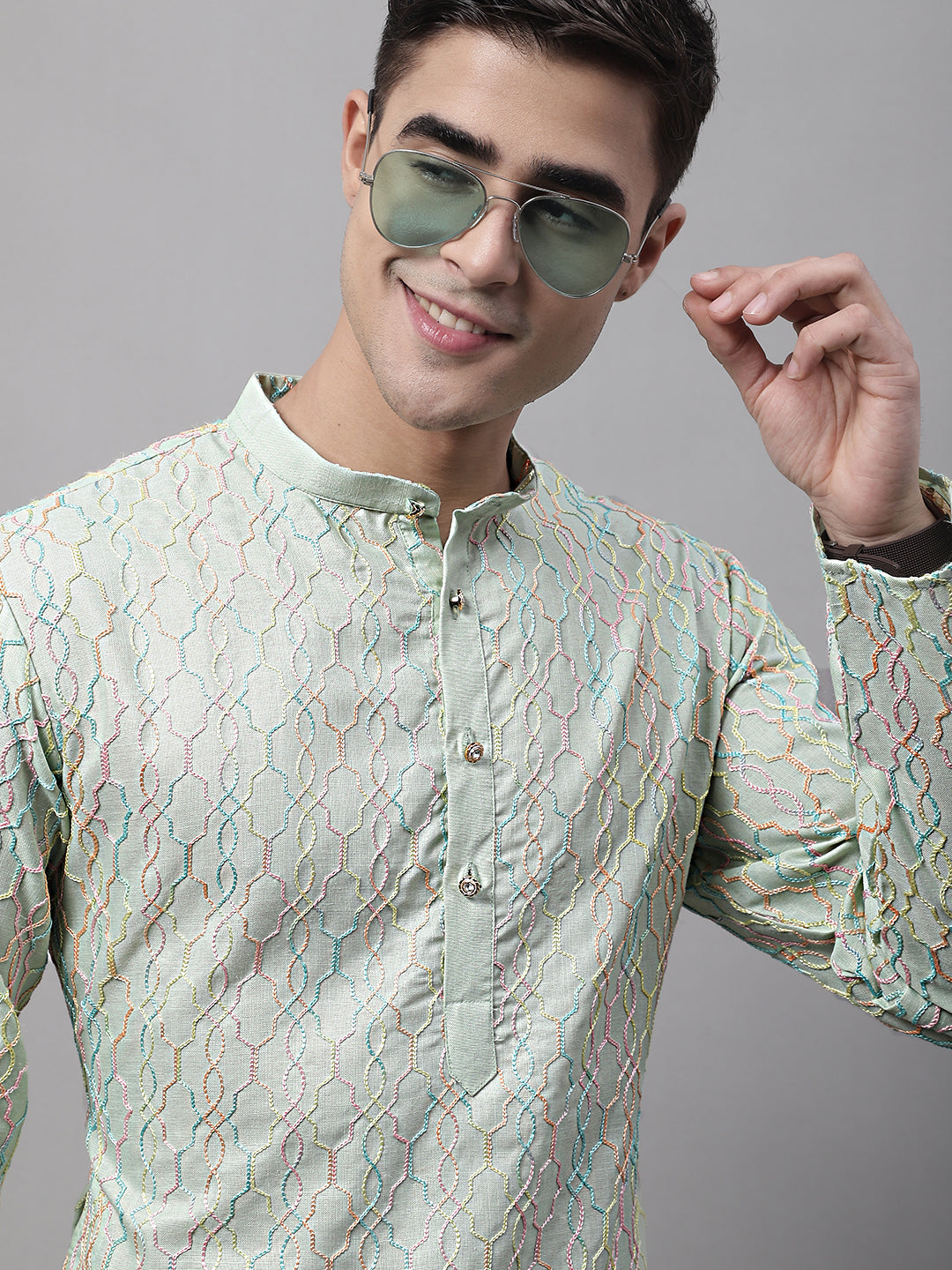 Jompers Men's Pista Green and Multi Coloured Embroidered Straight Kurta Pyjama Set