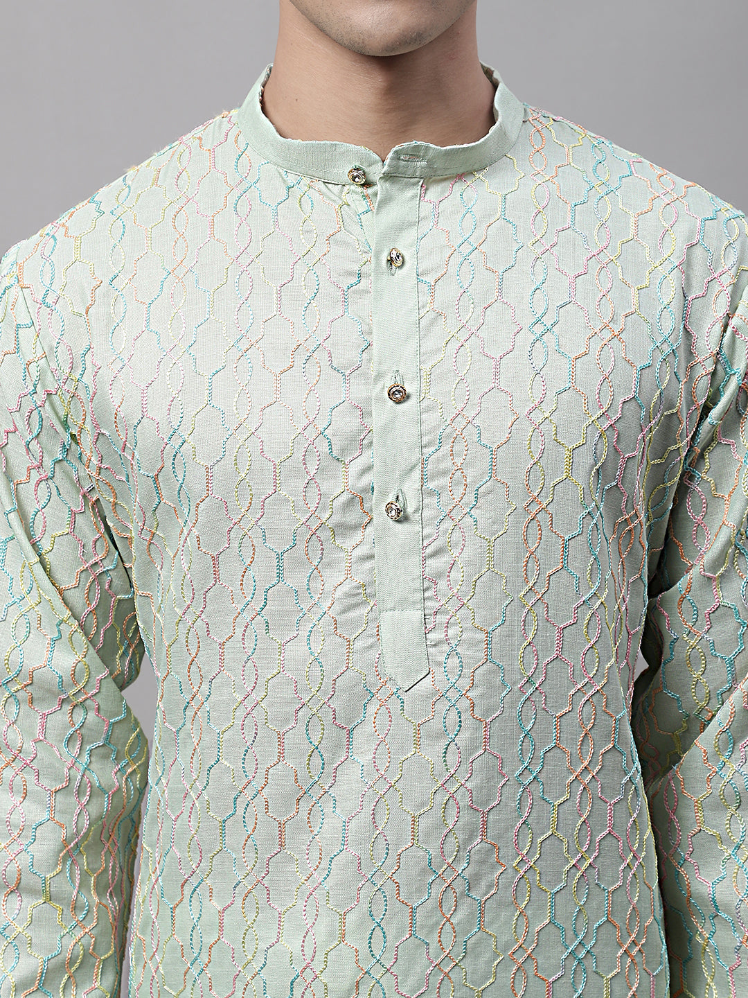 Jompers Men's Pista Green and Multi Coloured Embroidered Straight Kurta Pyjama Set