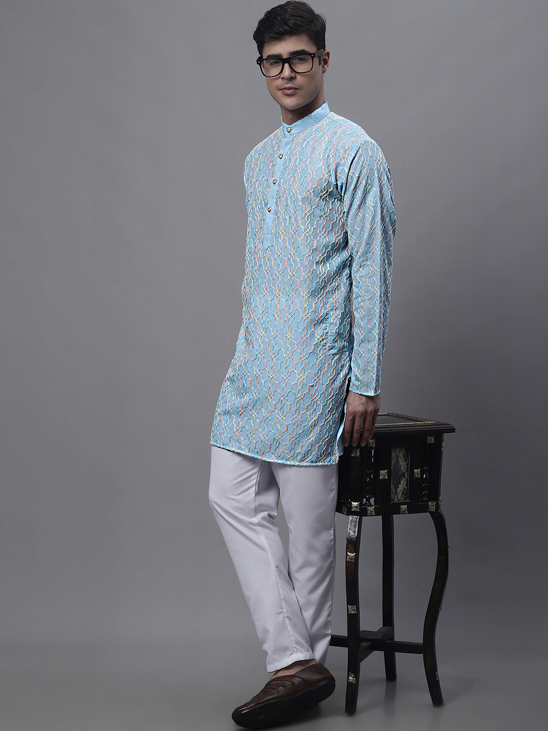 Jompers Men's Sky Blue and Multi Coloured Embroidered Straight Kurta Pyjama Set