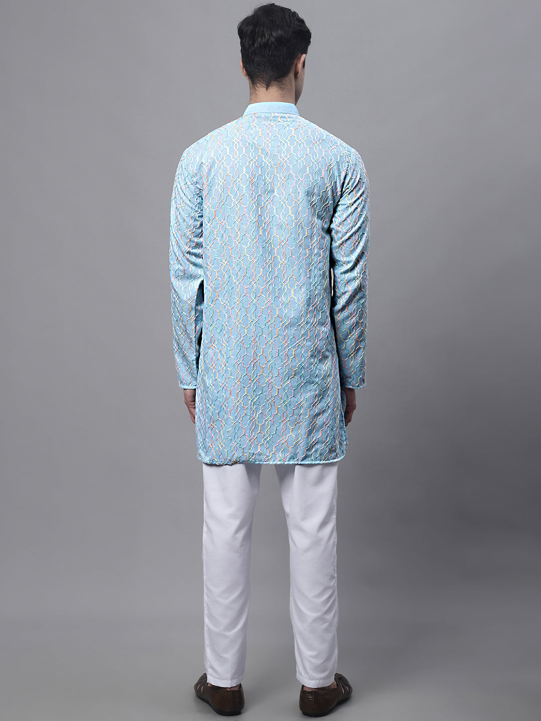 Jompers Men's Sky Blue and Multi Coloured Embroidered Straight Kurta Pyjama Set