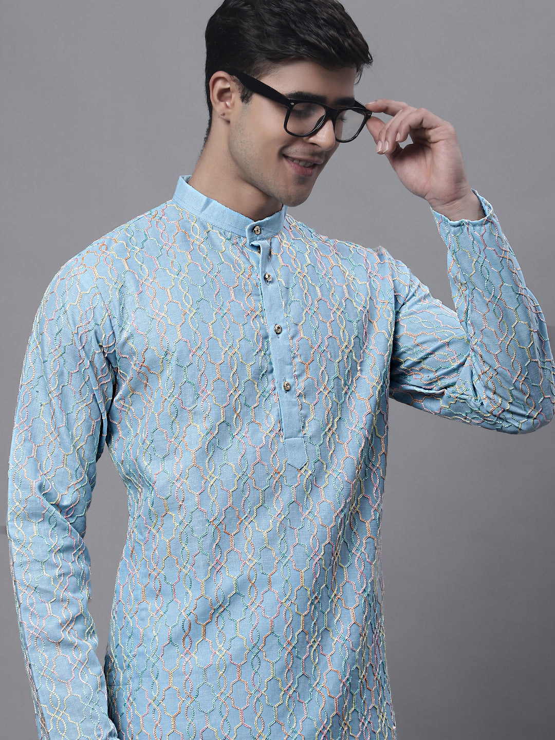 Jompers Men's Sky Blue and Multi Coloured Embroidered Straight Kurta Pyjama Set