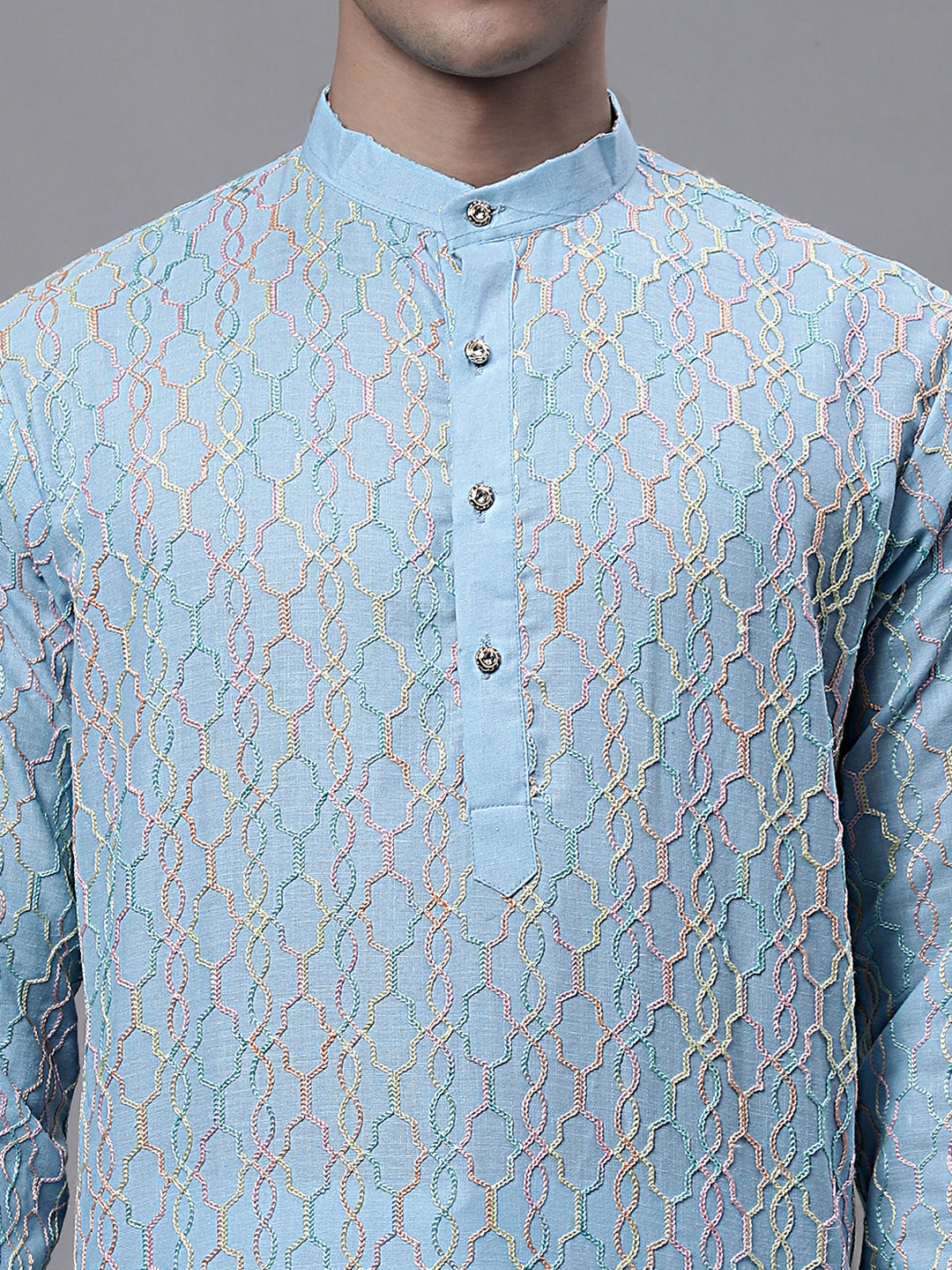 Jompers Men's Sky Blue and Multi Coloured Embroidered Straight Kurta Pyjama Set