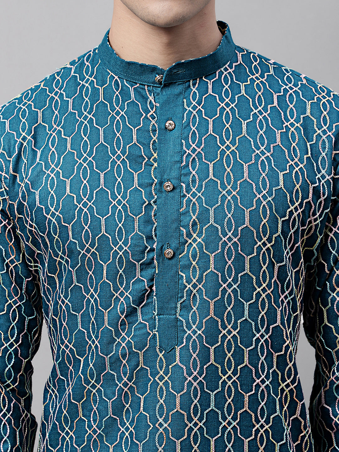 Jompers Men's Teal Blue and Multi Coloured Embroidered Straight Kurta Pyjama Set