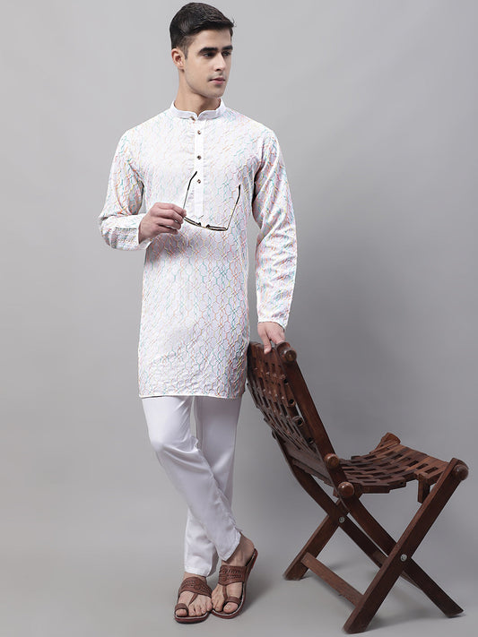 Jompers Men's White and Multi Coloured Embroidered Straight Kurta Pyjama Set