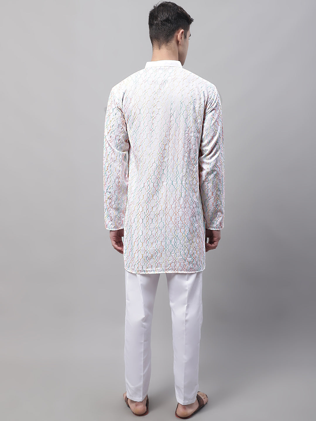 Jompers Men's White and Multi Coloured Embroidered Straight Kurta Pyjama Set