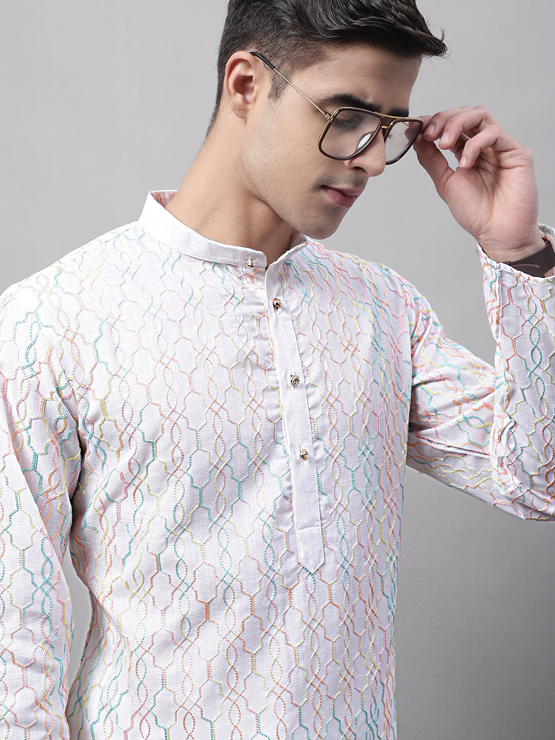 Jompers Men's White and Multi Coloured Embroidered Straight Kurta Pyjama Set