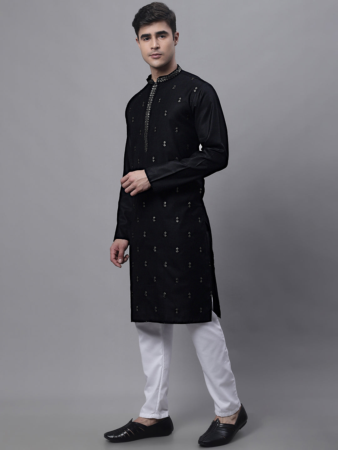 Jompers Men's Black Embroidered Straight Kurta Pyjama Set