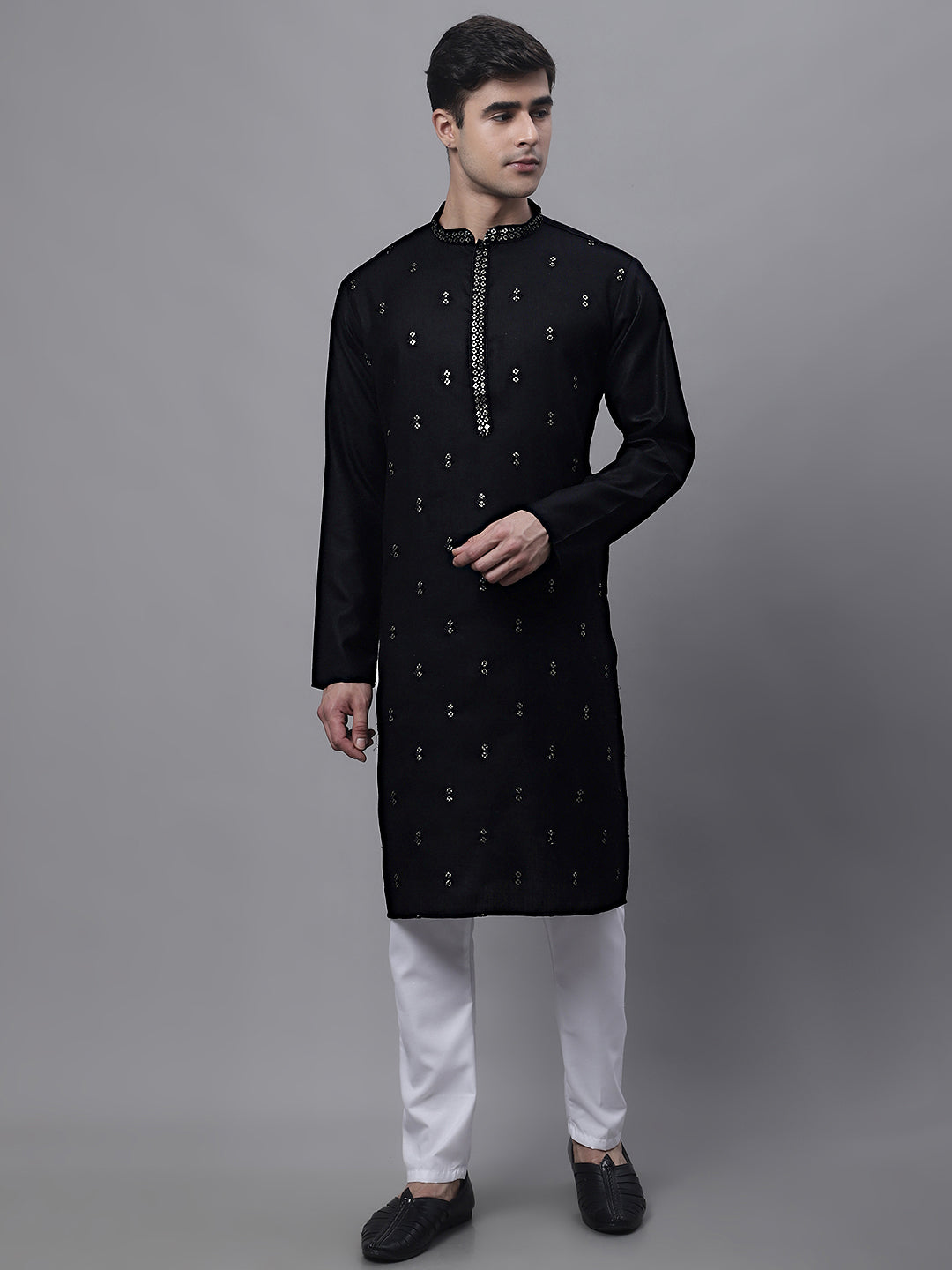Jompers Men's Black Embroidered Straight Kurta Pyjama Set