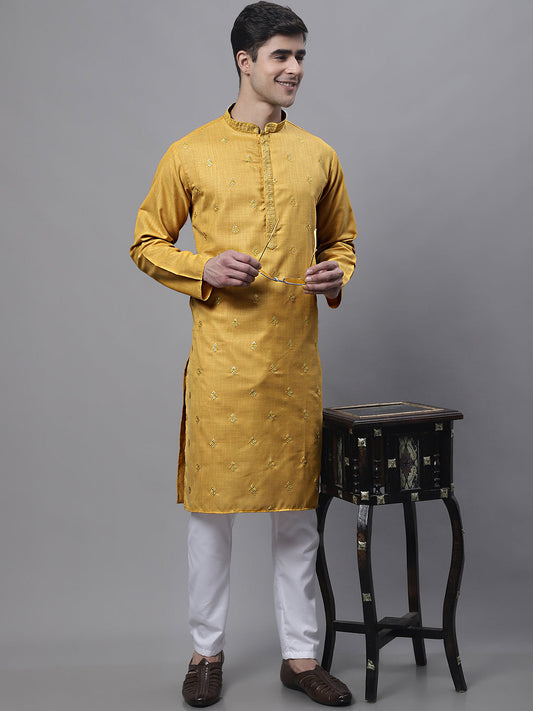 Jompers Men's Mustard Embroidered Straight Kurta Pyjama Set