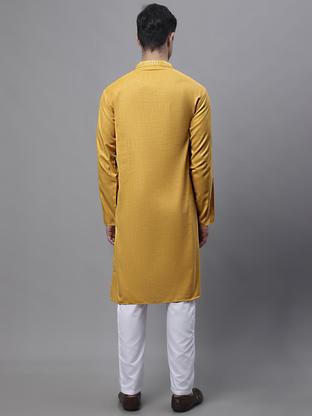 Jompers Men's Mustard Embroidered Straight Kurta Pyjama Set
