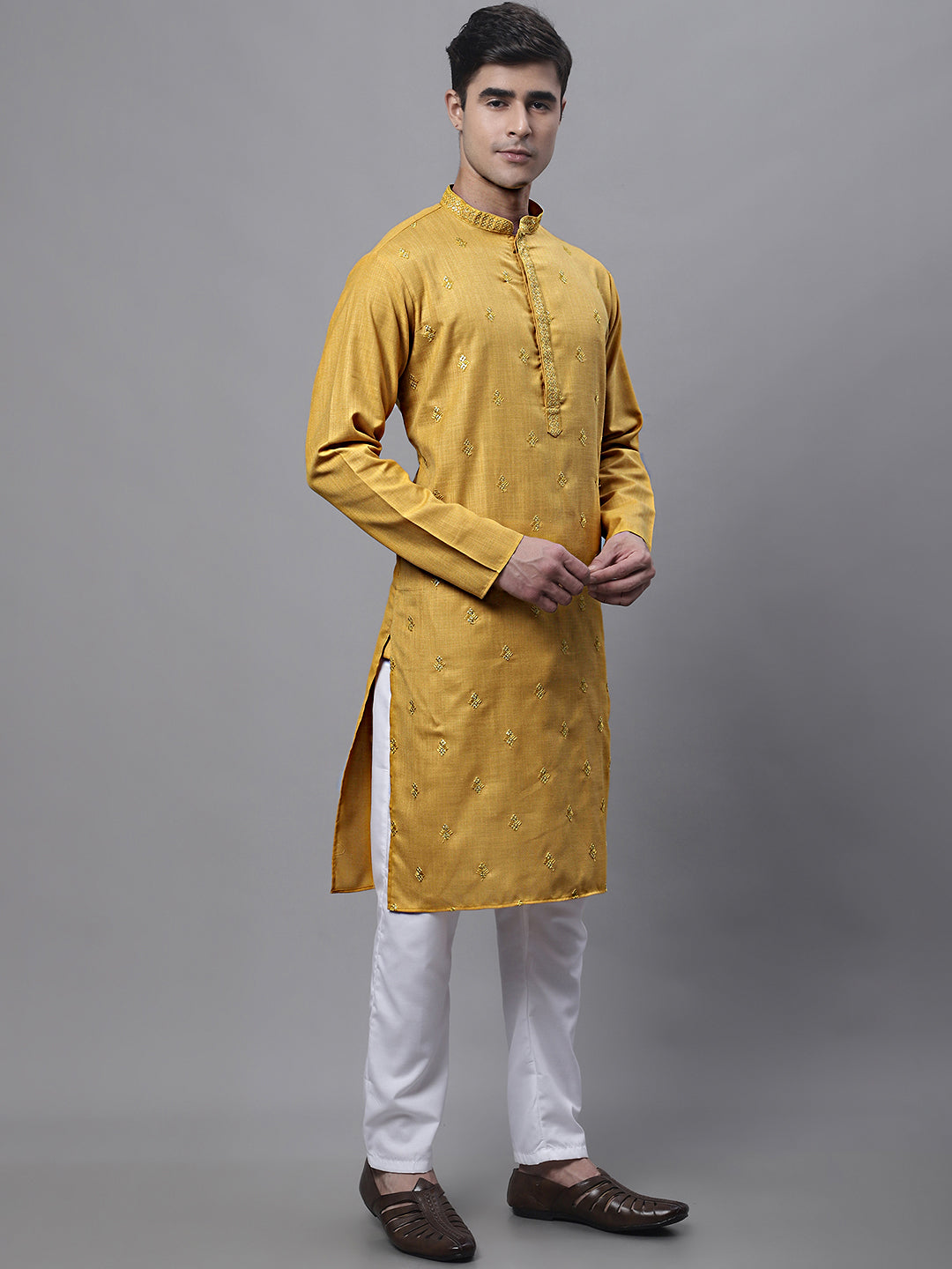 Jompers Men's Mustard Embroidered Straight Kurta Pyjama Set