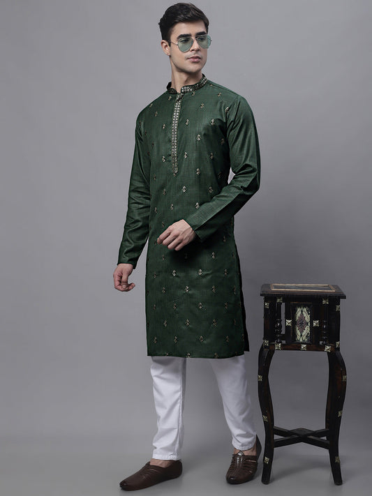 Jompers Men's Olive Green Embroidered Straight Kurta Pyjama Set