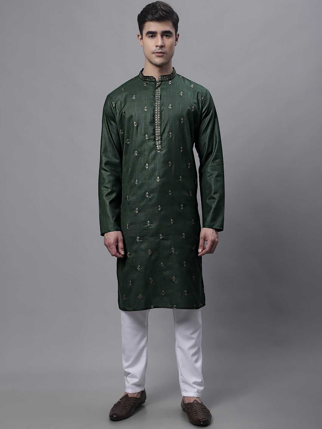 Jompers Men's Olive Green Embroidered Straight Kurta Pyjama Set