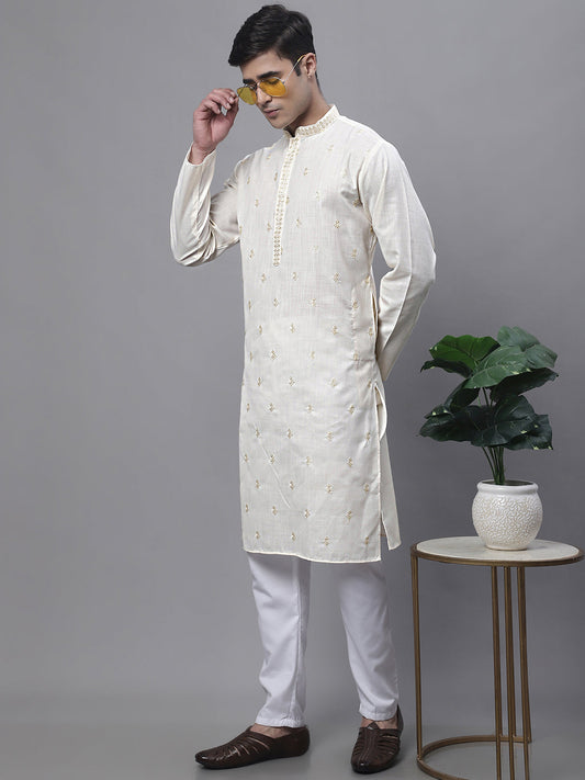 Jompers Men's White Embroidered Straight Kurta Pyjama Set