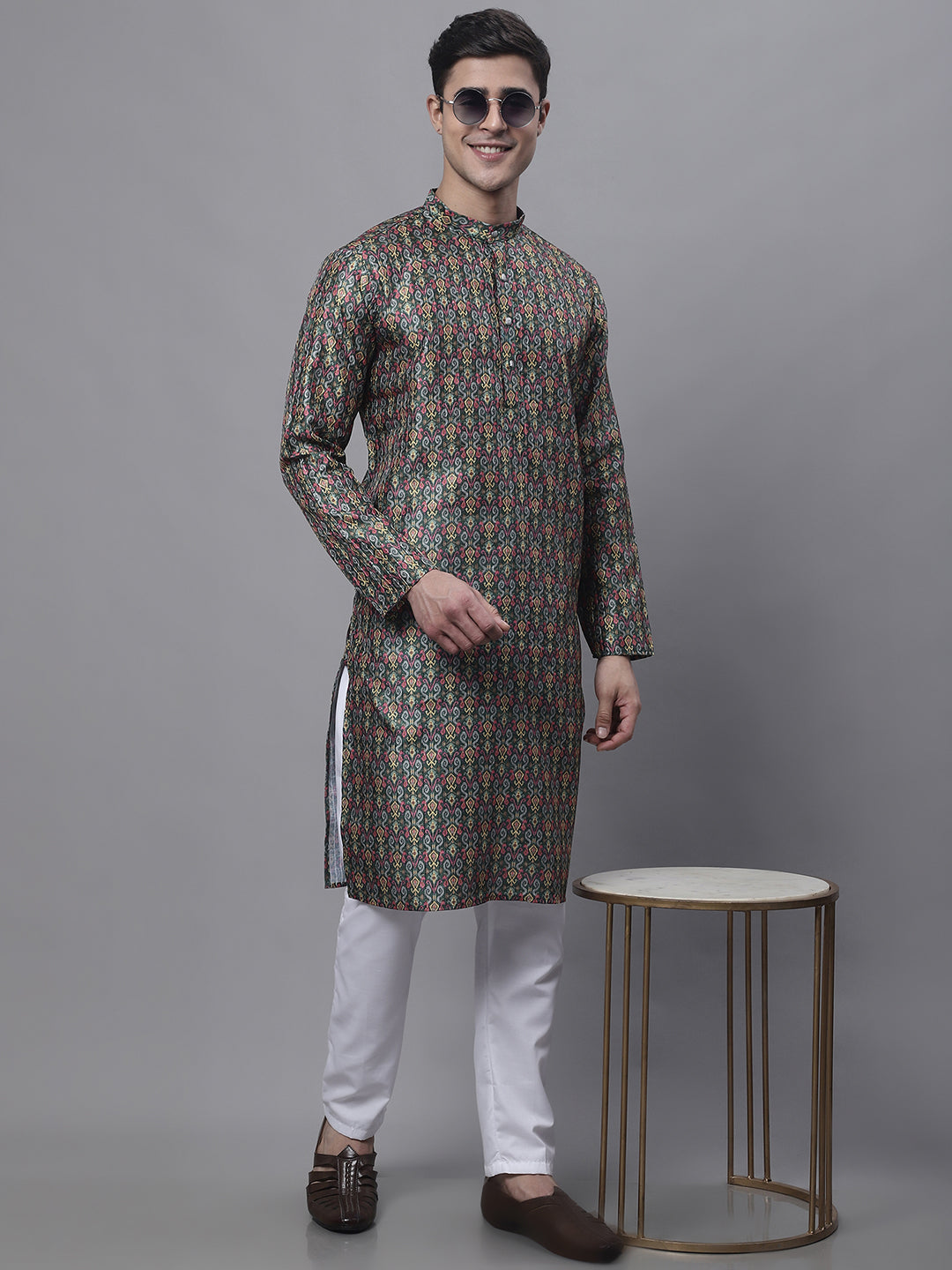 Jompers Men's Olive Green Digital Printed Kurta Pyjama Set