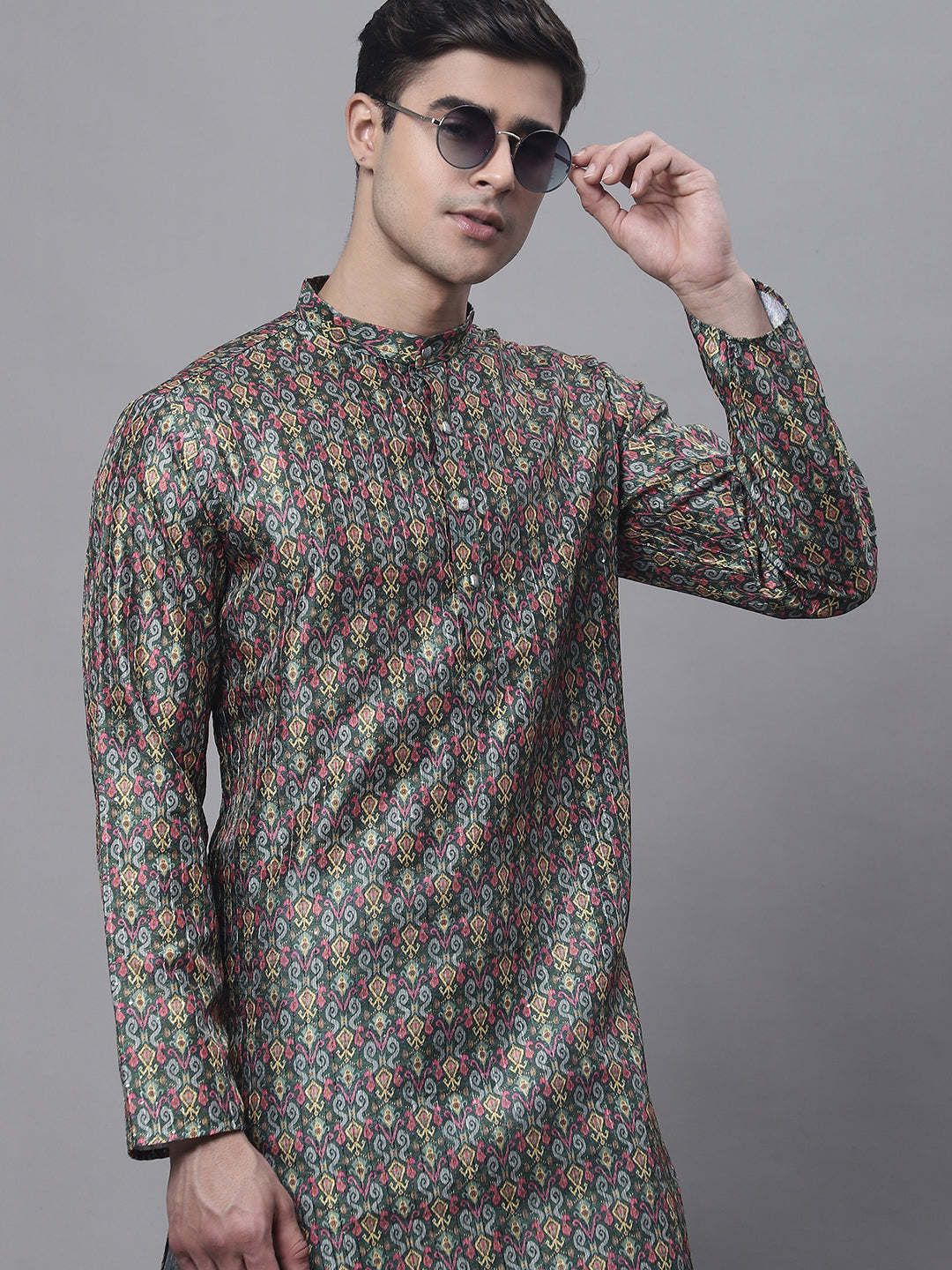 Jompers Men's Olive Green Digital Printed Kurta Pyjama Set