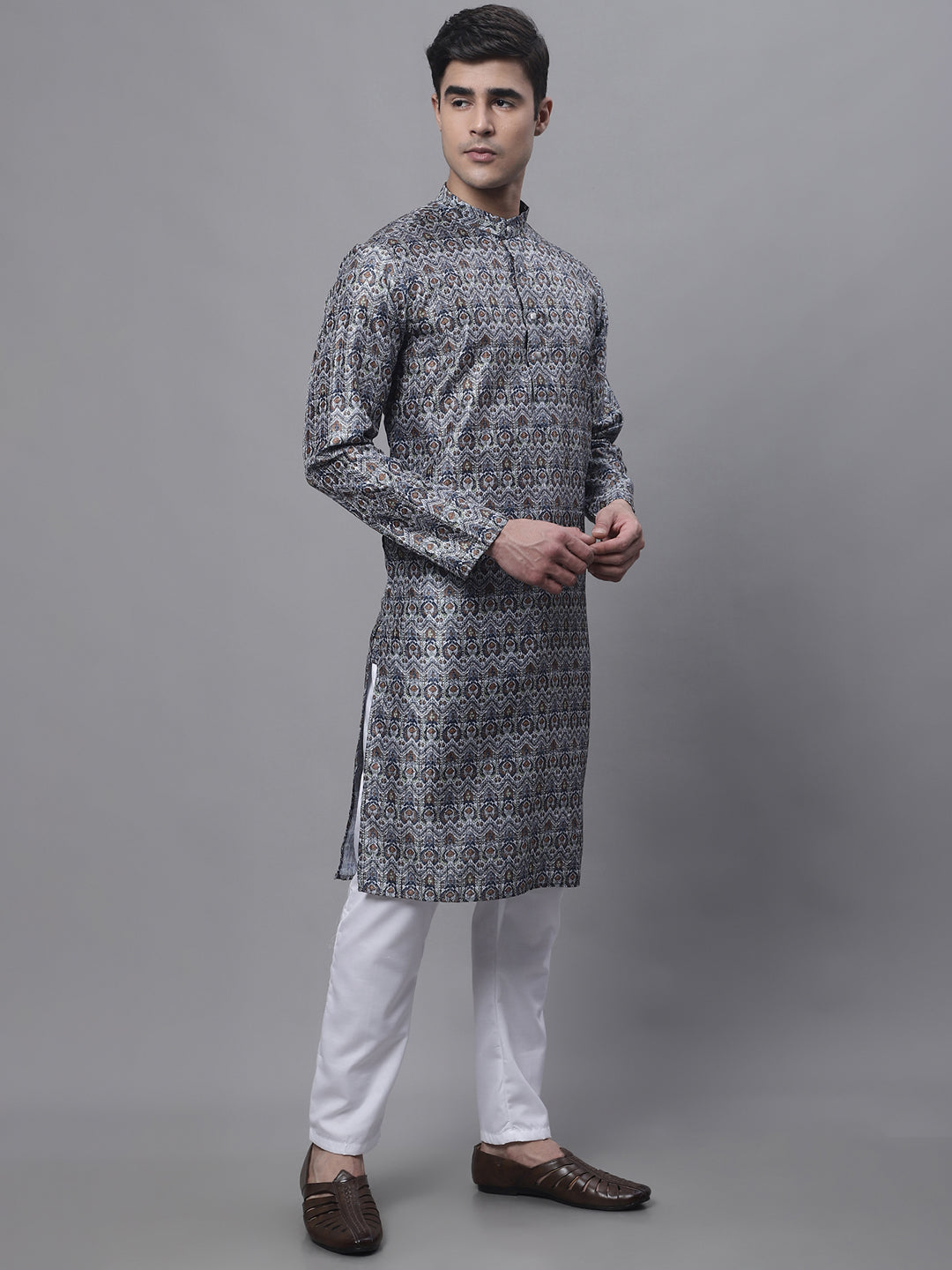 Jompers Men's Silver Digital Printed Kurta Pyjama Set
