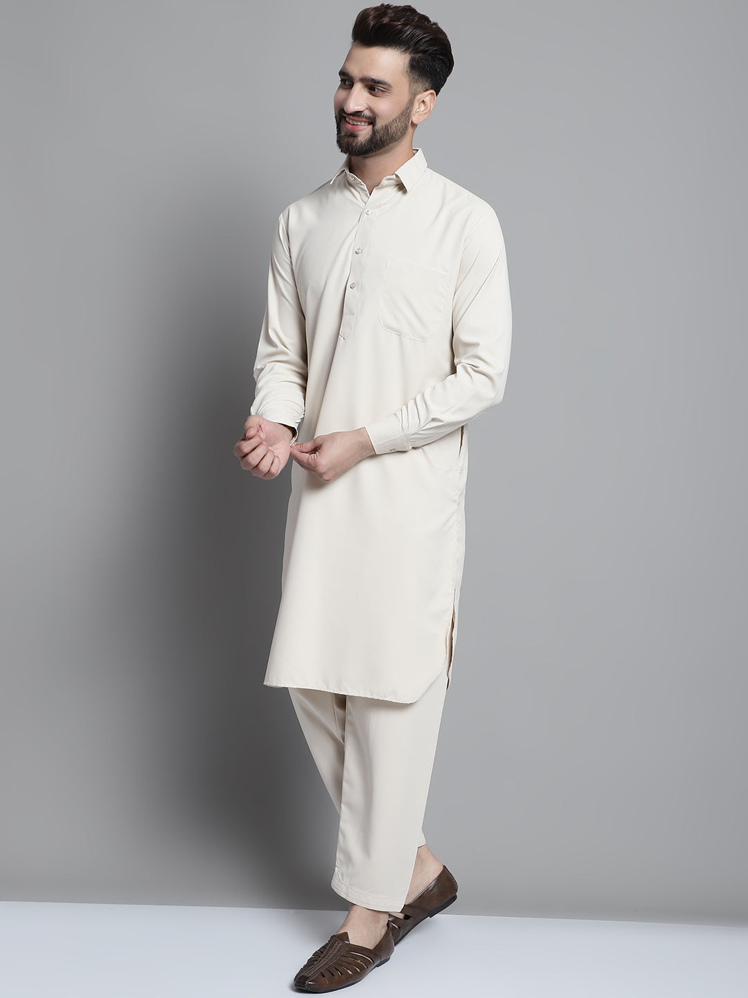 Jompers Men's Cream Cotton Solid Pathani Kurta with Salwar