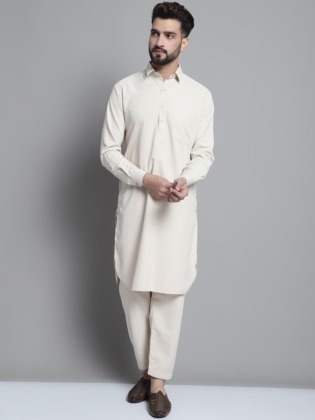 Jompers Men's Cream Cotton Solid Pathani Kurta with Salwar