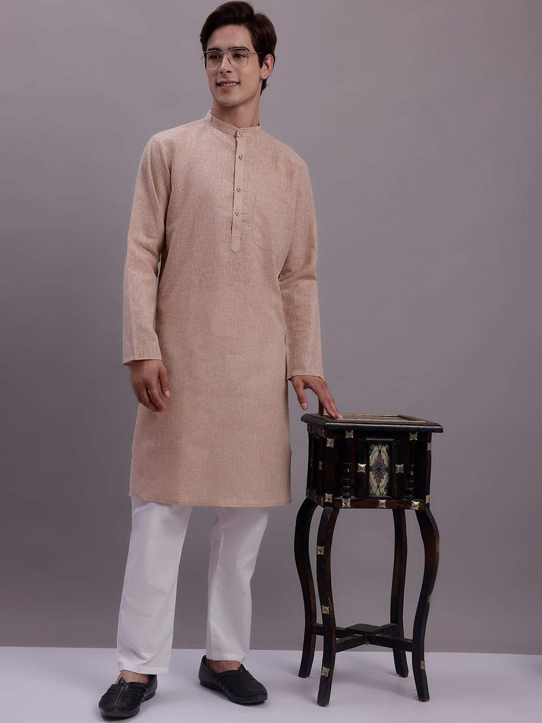 Jompers Men's Solid Pure Cotton Kurta With Pyjamas - Beige