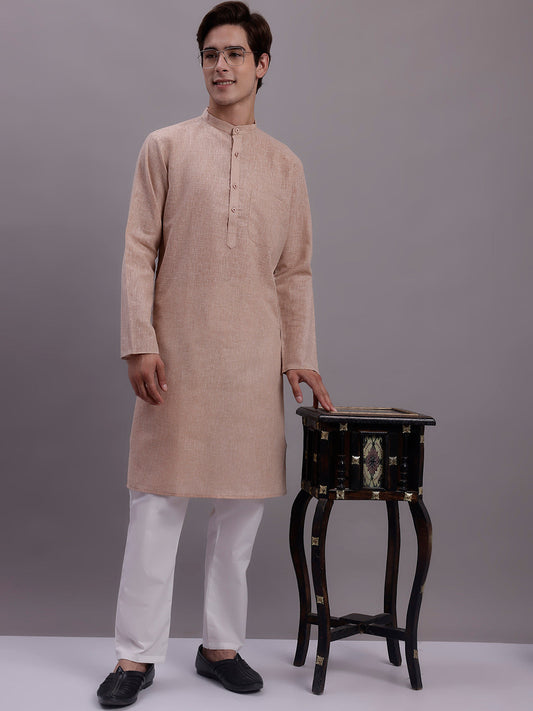 Jompers Men's Solid Pure Cotton Kurta With Pyjamas - Beige