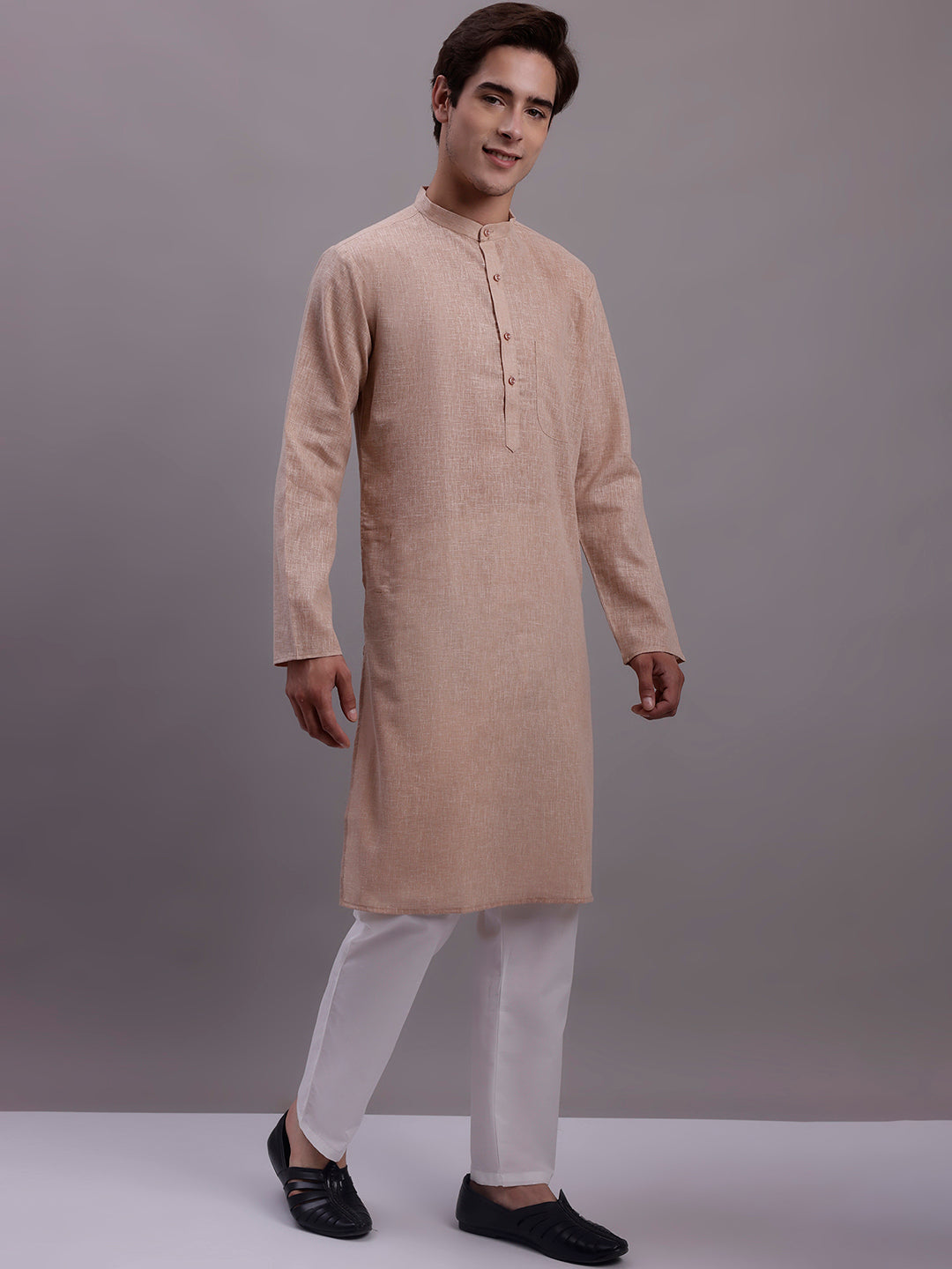 Jompers Men's Solid Pure Cotton Kurta With Pyjamas - Beige