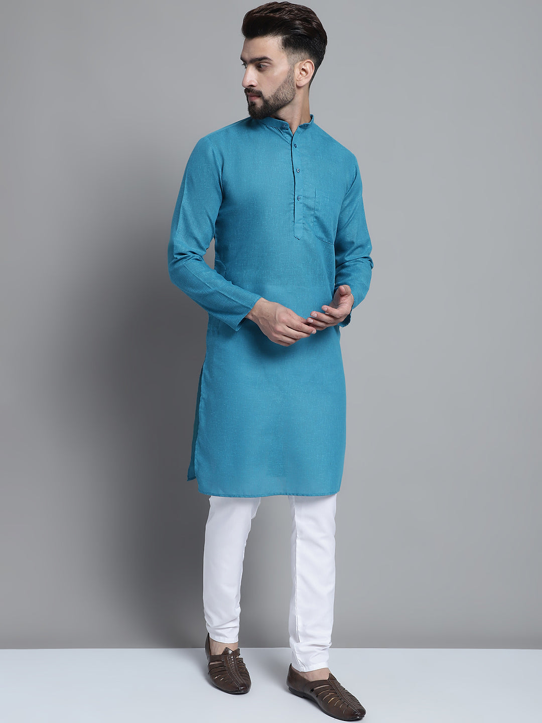Jompers Men's Solid Pure Cotton Kurta With Pyjamas - Peacock