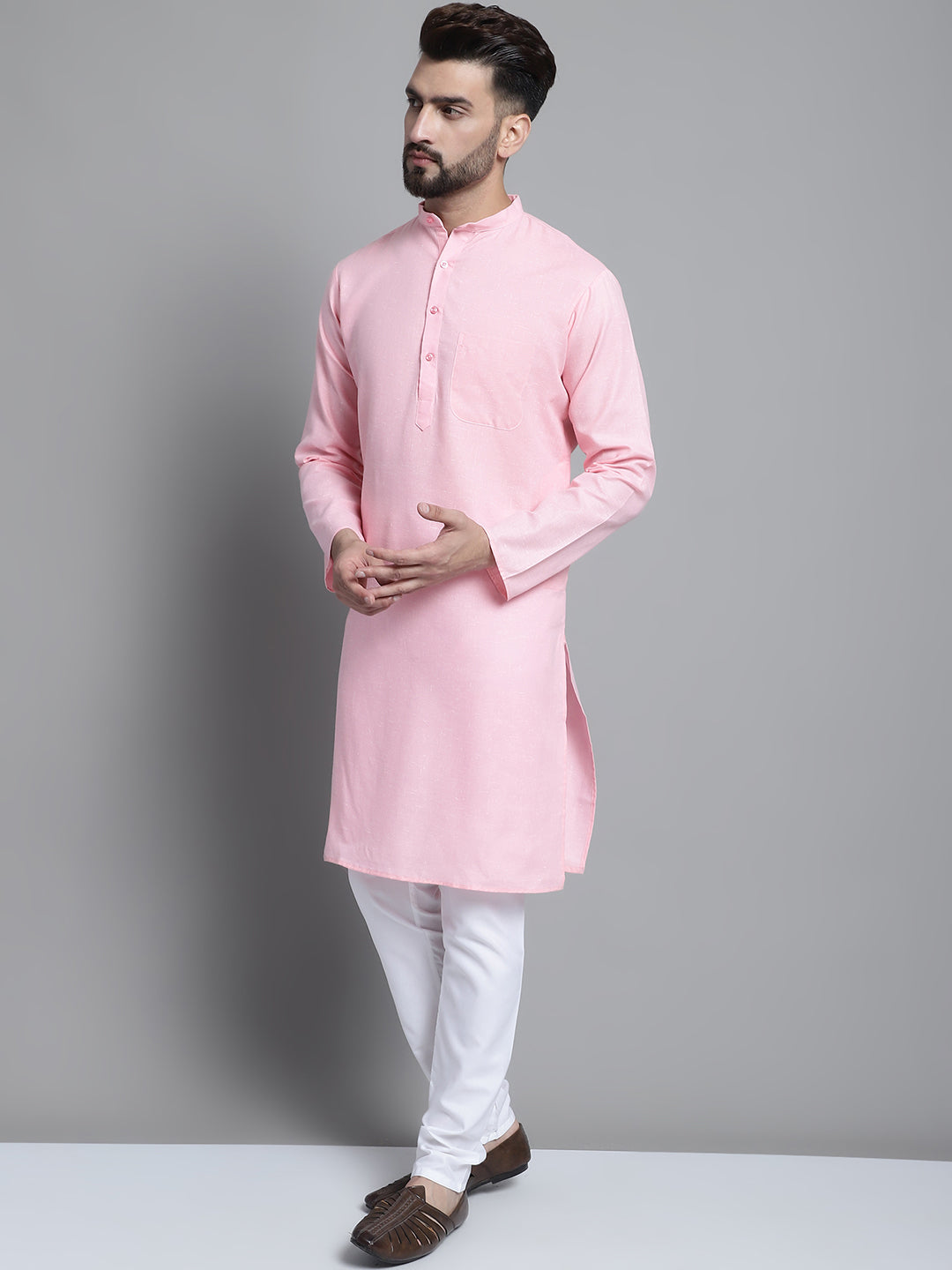 Jompers Men's Solid Pure Cotton Kurta With Pyjamas - Pink