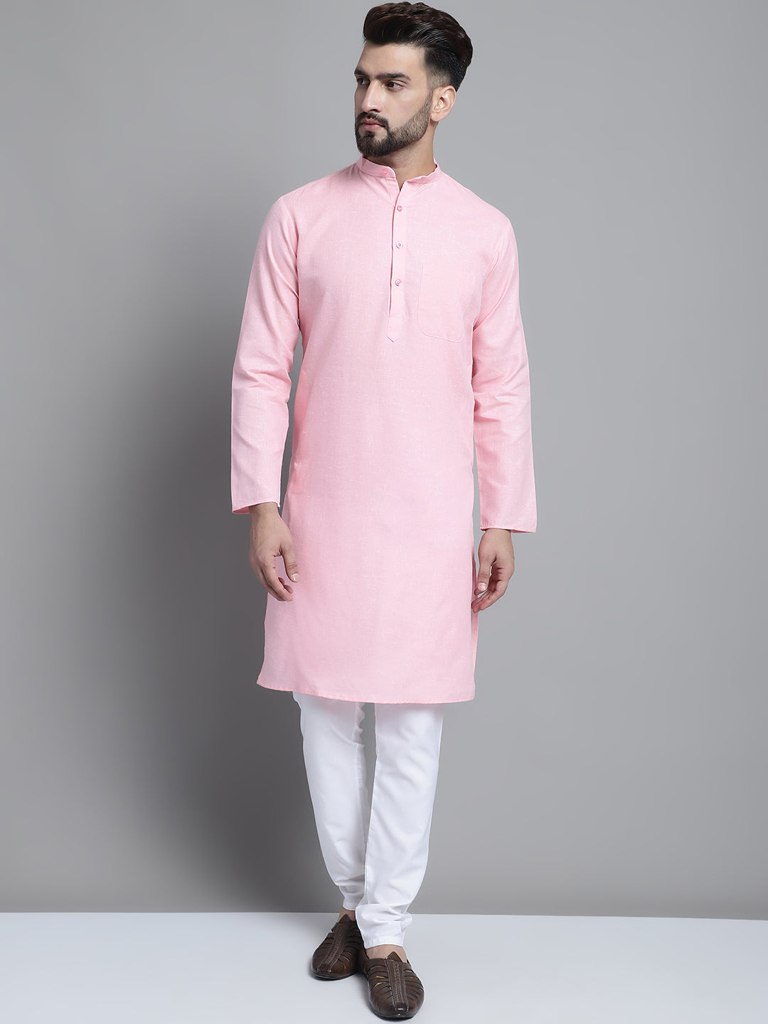 Jompers Men's Solid Pure Cotton Kurta With Pyjamas - Pink