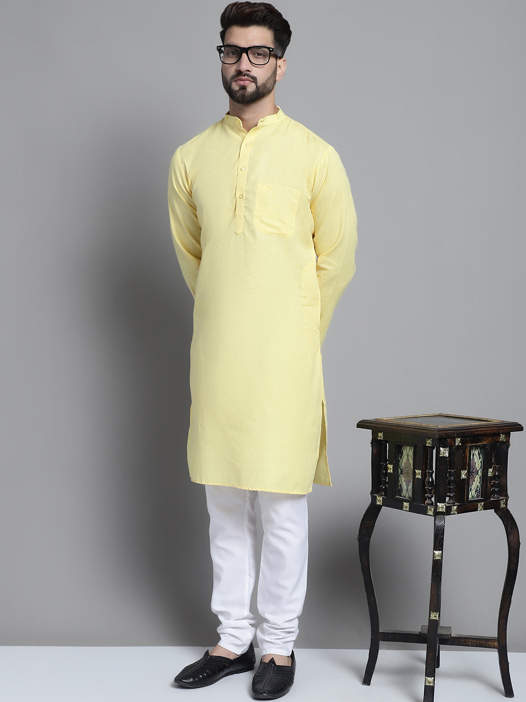 Jompers Men's Solid Pure Cotton Kurta With Pyjamas - Yellow