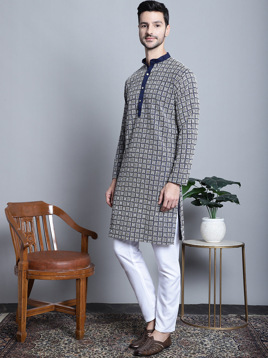 Jompers Men's Navy Blue Embroidered Kurta with Pyjama