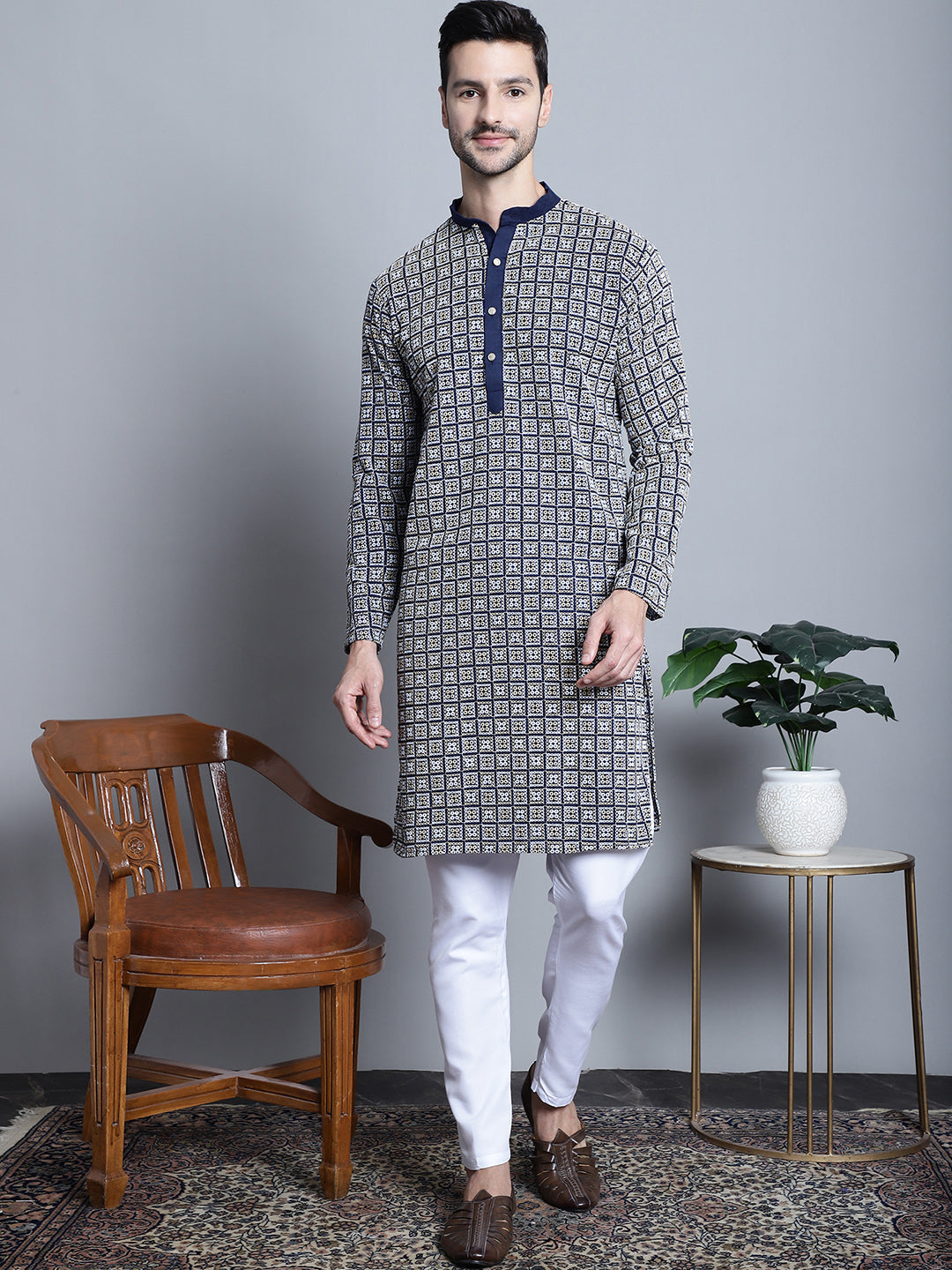 Jompers Men's Navy Blue Embroidered Kurta with Pyjama