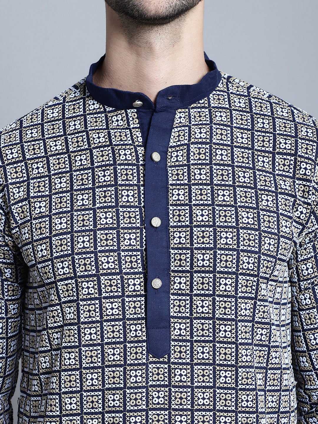 Jompers Men's Navy Blue Embroidered Kurta with Pyjama