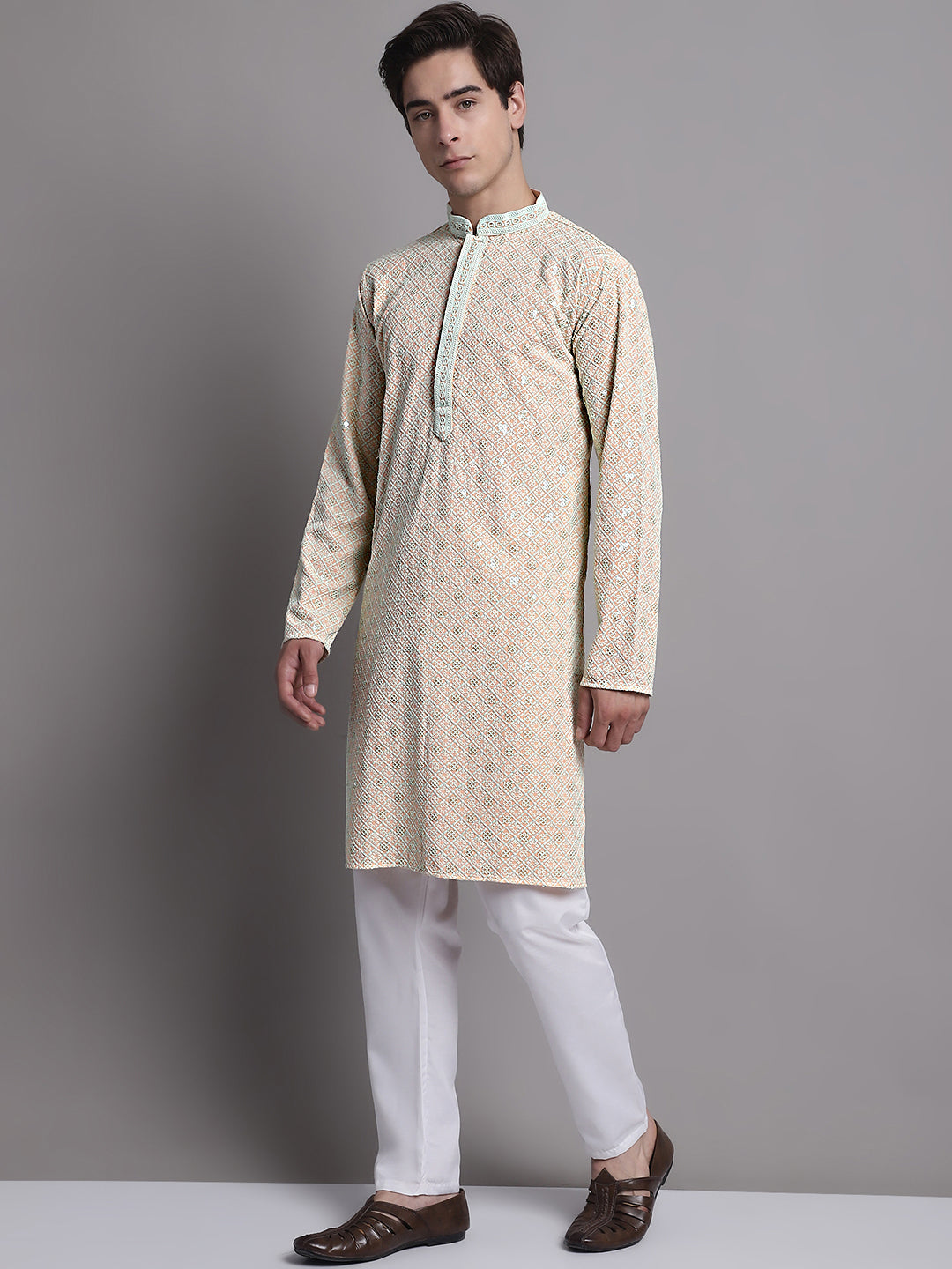 Jompers Men's Peach Chikankari Embroidered and Sequence Kurta with Pyjama