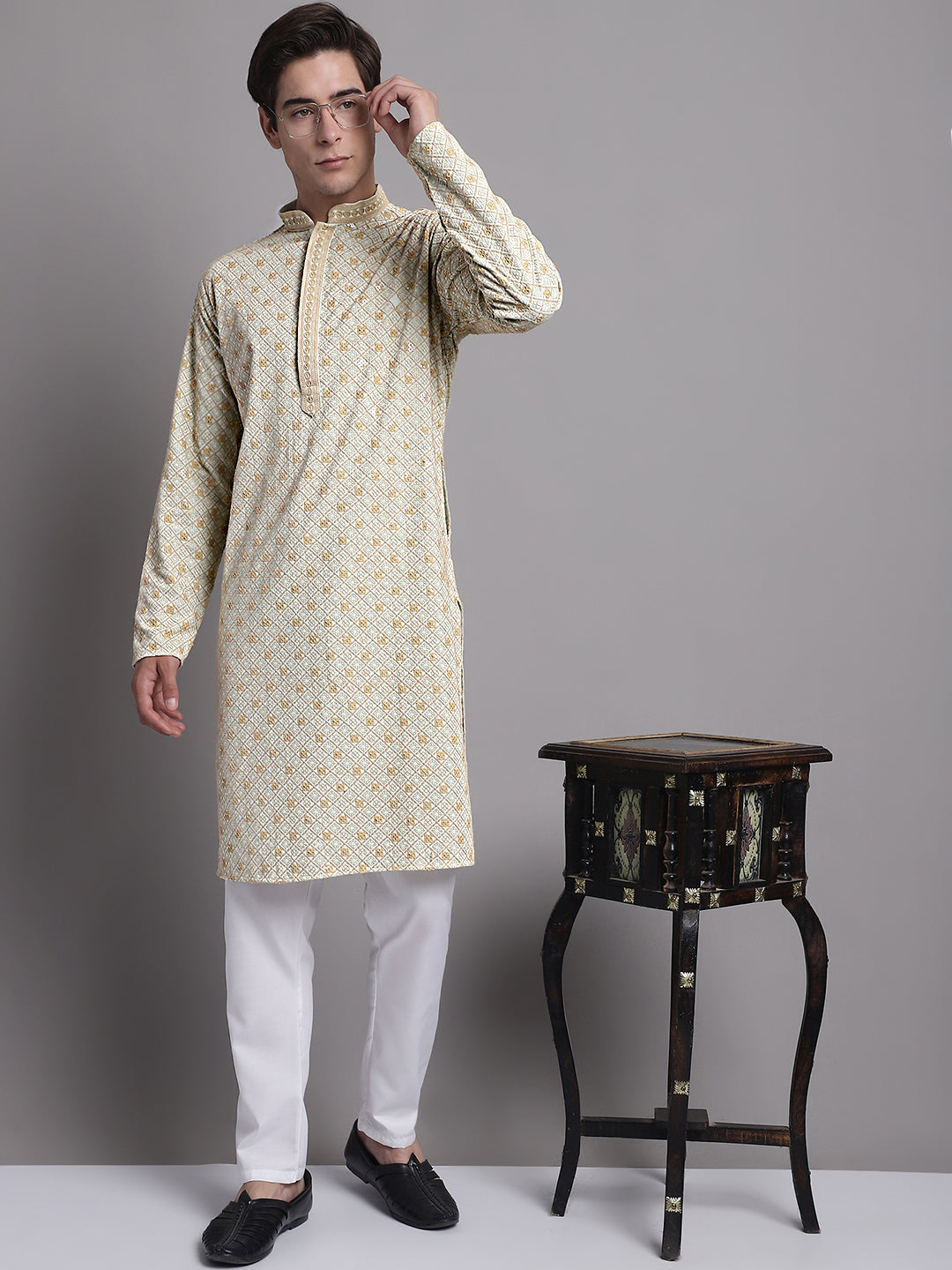 Jompers Men's Light Green Chikankari Embroidered and Sequence Kurta with Pyjama