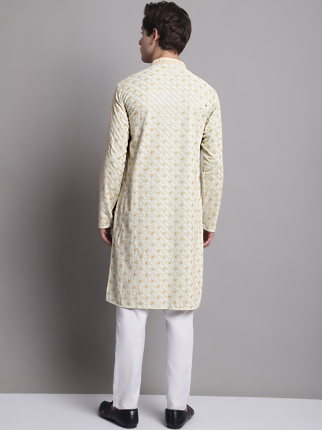 Jompers Men's Light Green Chikankari Embroidered and Sequence Kurta with Pyjama