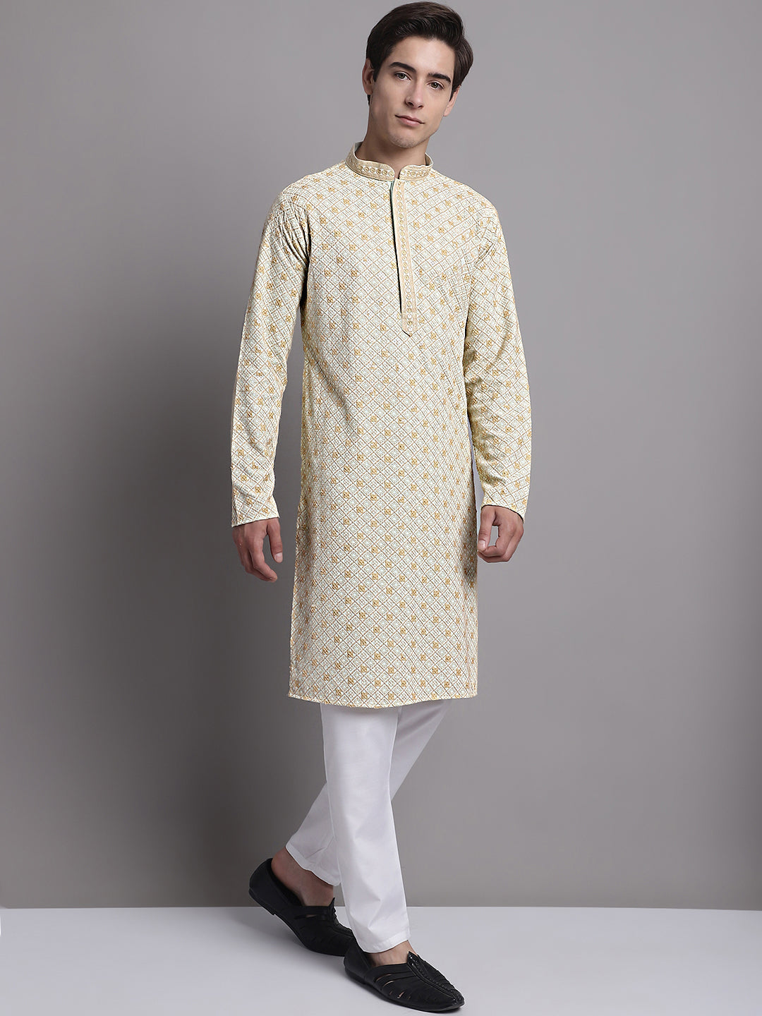 Jompers Men's Light Green Chikankari Embroidered and Sequence Kurta with Pyjama