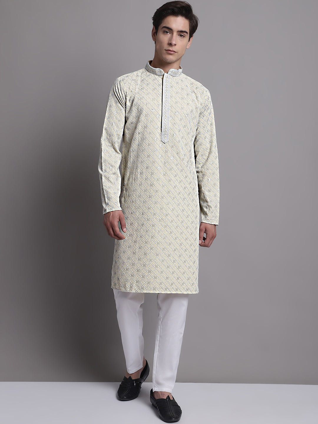 Jompers Men's Yellow Chikankari Embroidered and Sequence Kurta with Pyjama