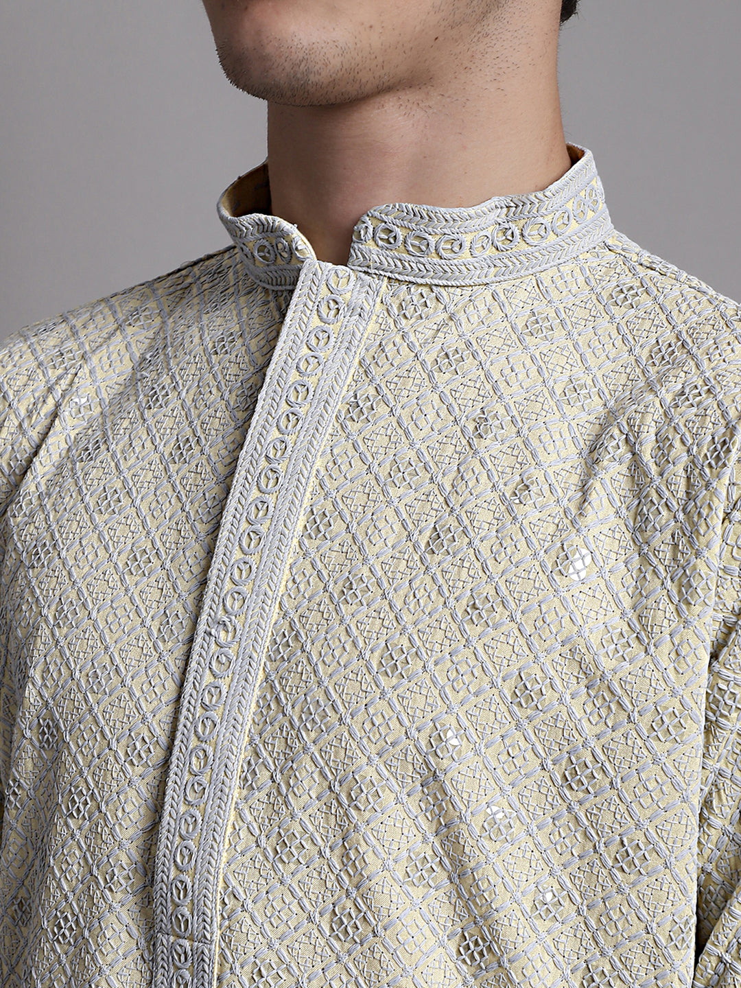 Jompers Men's Yellow Chikankari Embroidered and Sequence Kurta with Pyjama