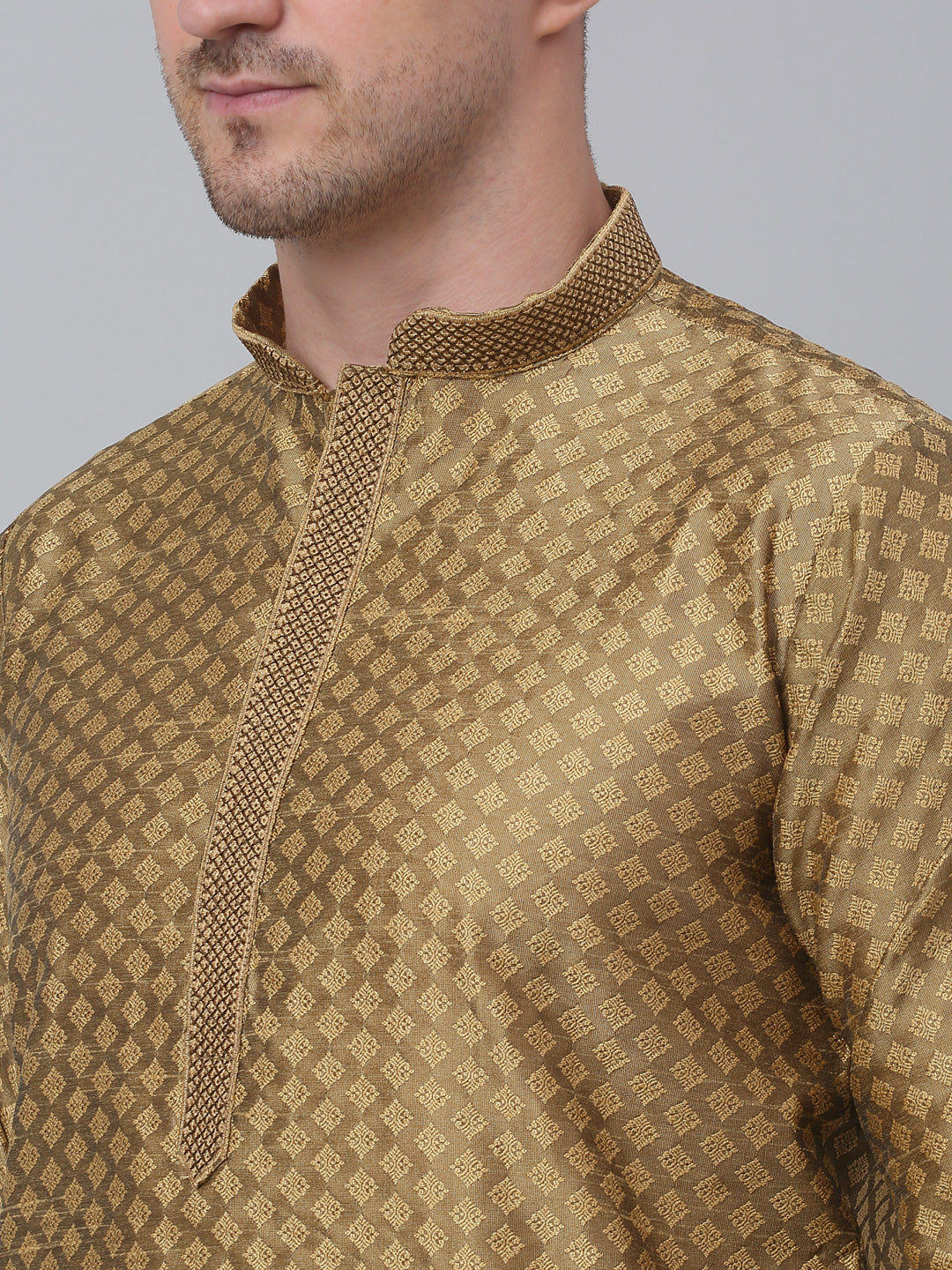 Jompers Men's Mustard Collar Embroidered Kurta with Pyjama