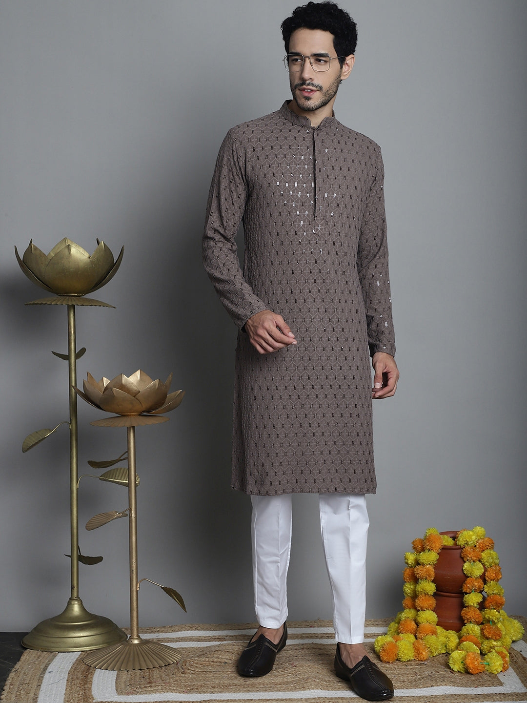 Jompers Men's Chikankari Embroidered and Sequence Kurta with Pyjama - Brown