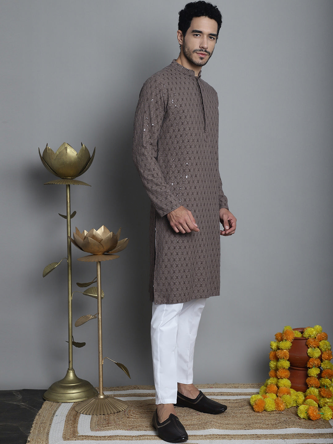 Jompers Men's Chikankari Embroidered and Sequence Kurta with Pyjama - Brown