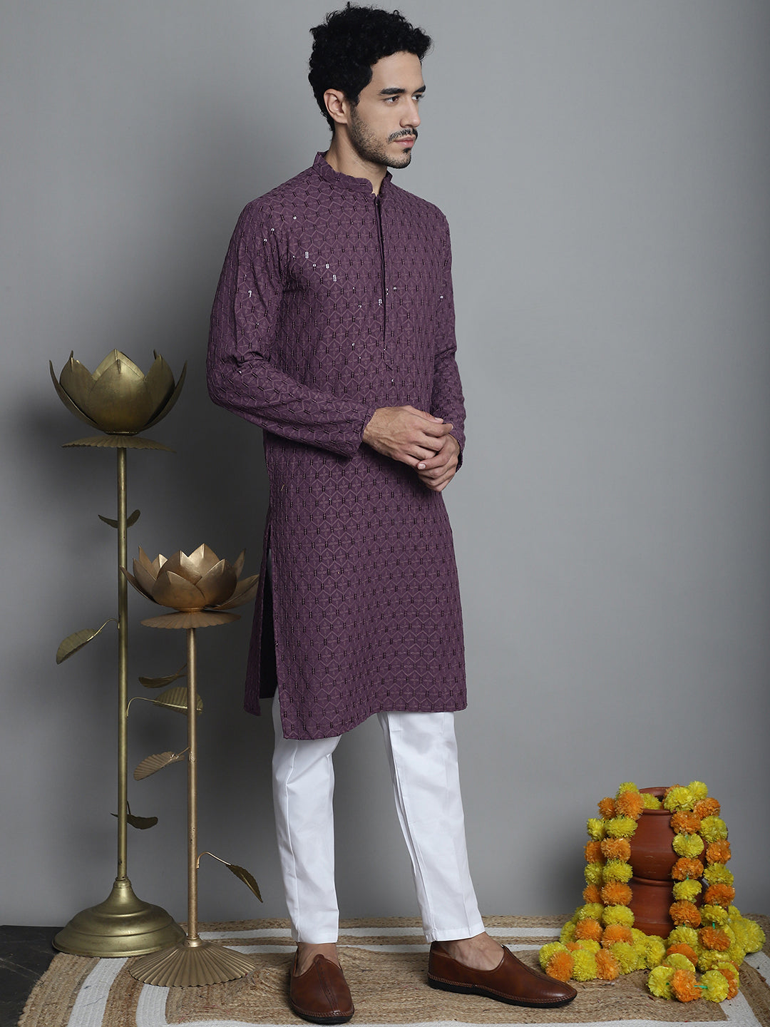Jompers Men's Chikankari Embroidered and Sequence Kurta with Pyjama - Purple
